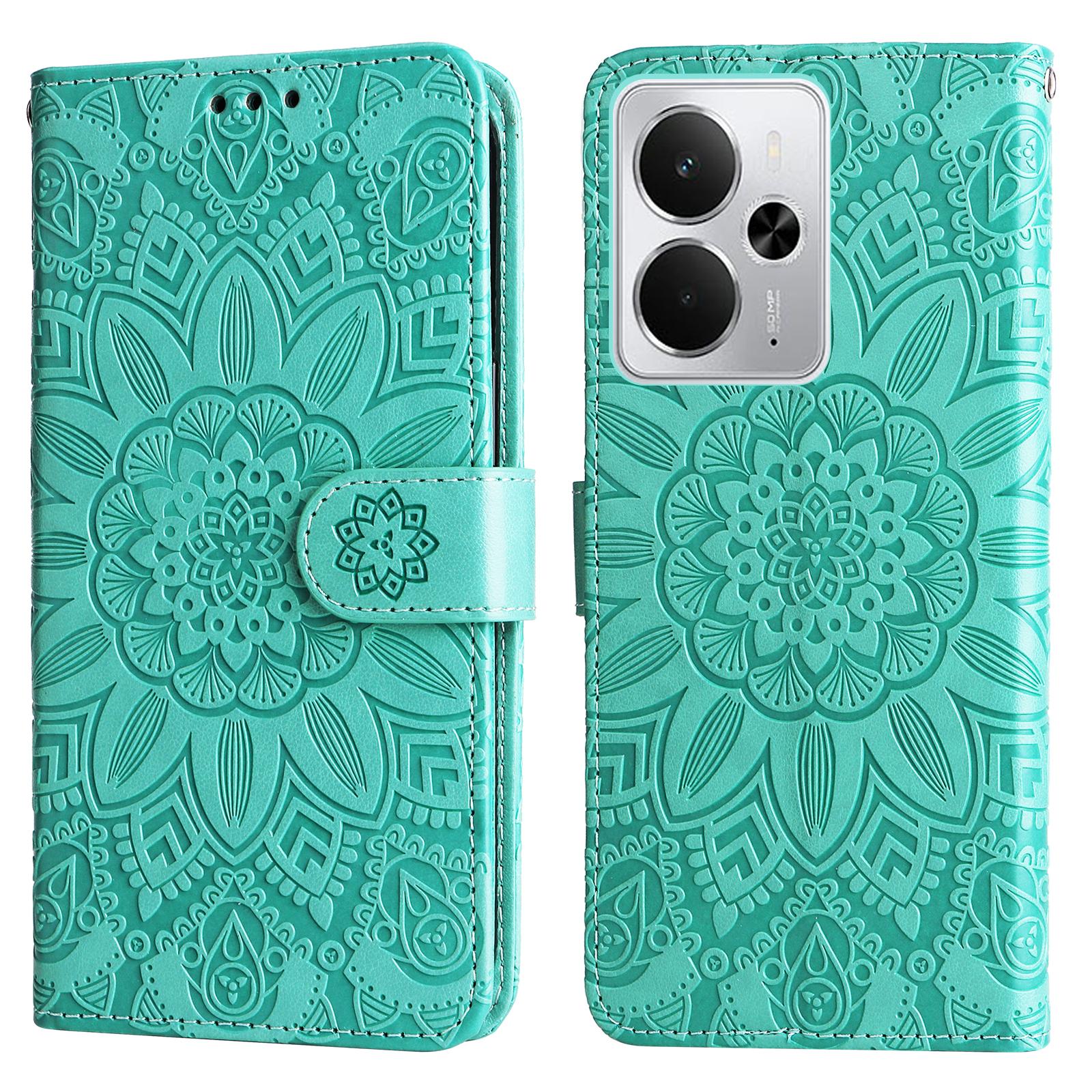 

For Realme 14 5G Case Sunflower Imprint Leather Wallet Phone Cover Green