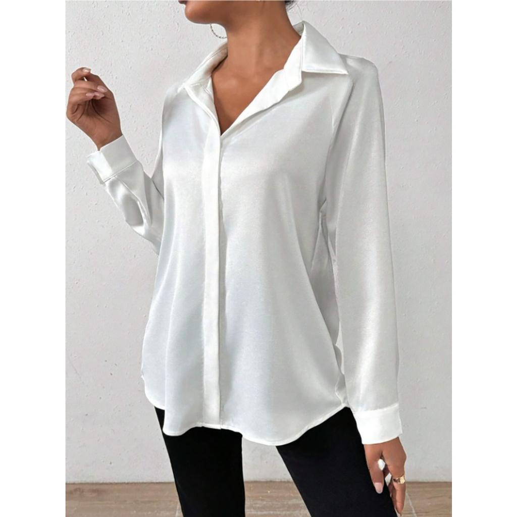 Satin Imitation Silk Long Sleeved Solid Color Women's Shirts