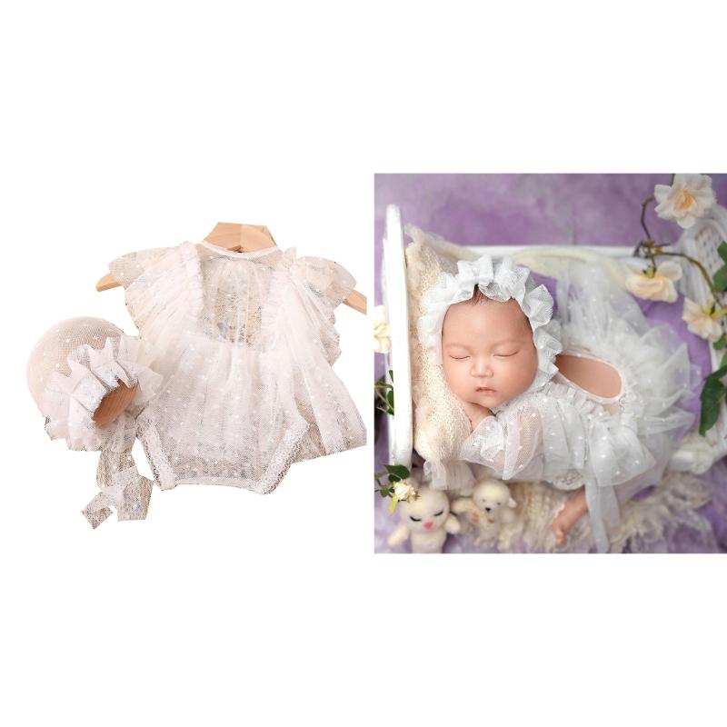 0-1M Baby Girls Photography Props Lace Dress Jumpsuit Mesh Hat Newborns Photo Props Photoshooting Hat & Romper Costume