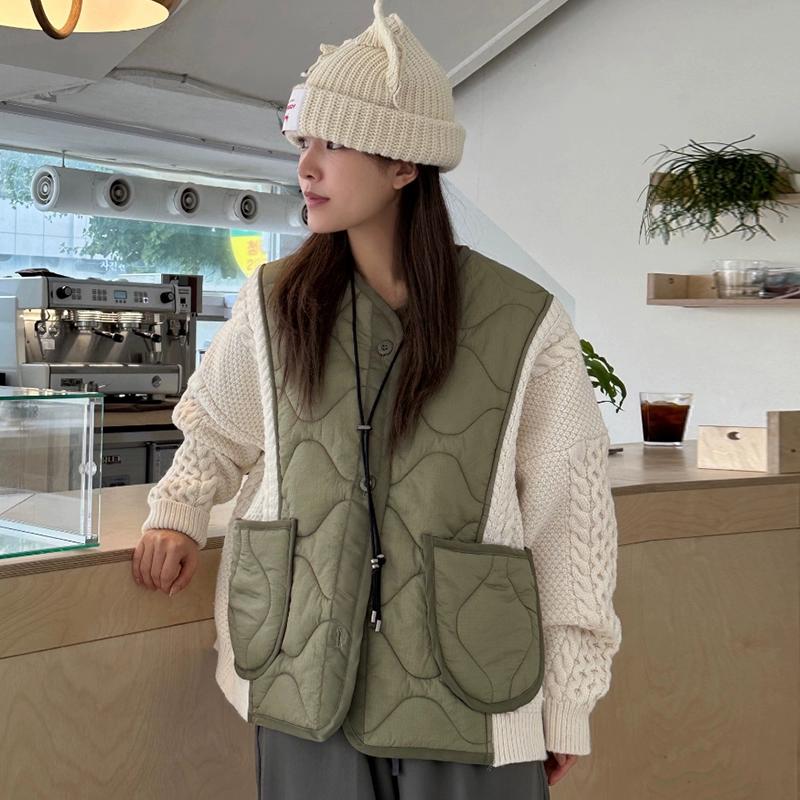 Dimanaf 2024 Winter Frauen Pullover Patchwork Wadded Tasten Mantel Stricken Jacke Gefälschte Zwei-Stück Lose Pullover