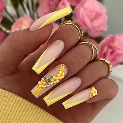 24PCS Glossy Y2K Press On Nails with Artificial Crystals - LongYellow Fake Nails for Full Cover False Acrylic Manicure for Easter