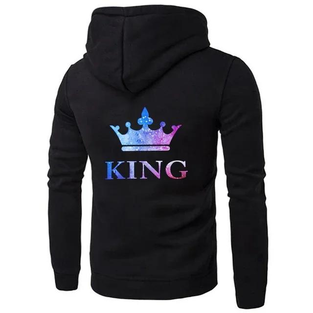 Couples winter king and queen fashion casual sports loose printed fleece warm long sleeve pocket hoodie