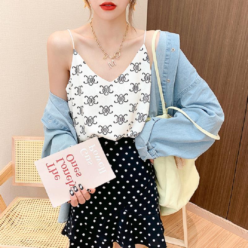 Thousand Bird Grid V-neck Chiffon Halter Vest Female Summer Net Red Suit with Sleeveless Outside To Wear A Loose Shirt