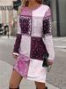 Autumn Winter Dresses Women Casual Color Block Long Sleeve Loose Dress Fashion Casual Geometric Print Dress Plus Size