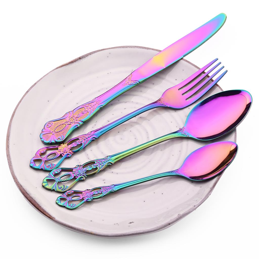 High Quality Cutlery Set Knife Fork Dessert Spoon Dinnerware Colorful Flatware Set Stainless Steel Silverware Kitchen Tableware