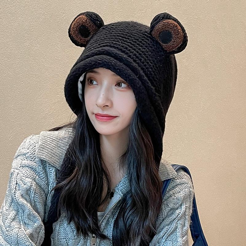 Frog knitted hat women's ear protection face cold protection warm cycling wool hat cartoon thin face fleece hat