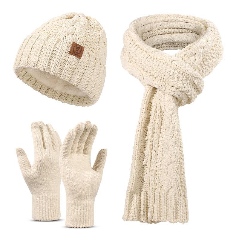 Winter Hat Scarf Gloves Three piece Set Men and Women Outdoor Plus Velvet Ear Protection Warm Knitted Hat Set