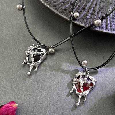 Punk Gothic Red Lava Star Cross Heart Pendant Leather Rope Necklace Vintage Harajuku Grunge Heart Vortex Sun Charms Chain
