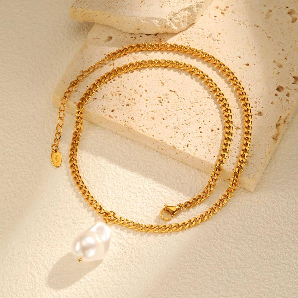 Schmuck Edelstahl Schleifkette Imitation Barockperle Gold Halskette Damen 2124