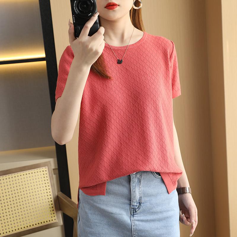 Summer New Round-neck Knitted Short-sleeved Women's T-shirt, Loose Large-sized Plaid Half-sleeved Top