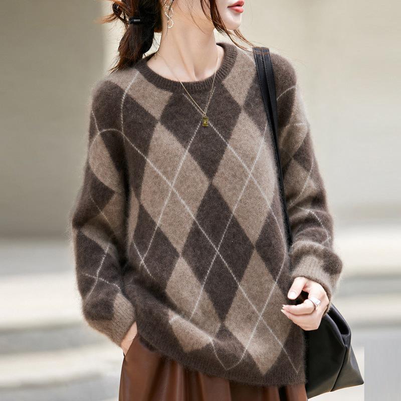Maglione da donna di alta gamma in lana cashmere con patchwork a rombi - Girocollo, Manica lunga, Autunno/Inverno
