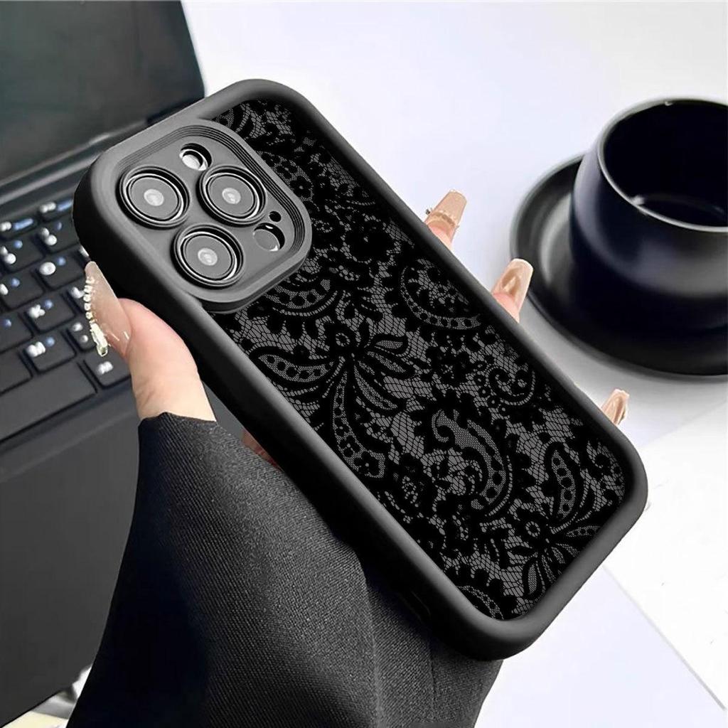 Black Lace Floral Grooved Phone Case for iPhone 14-17 Pro Max