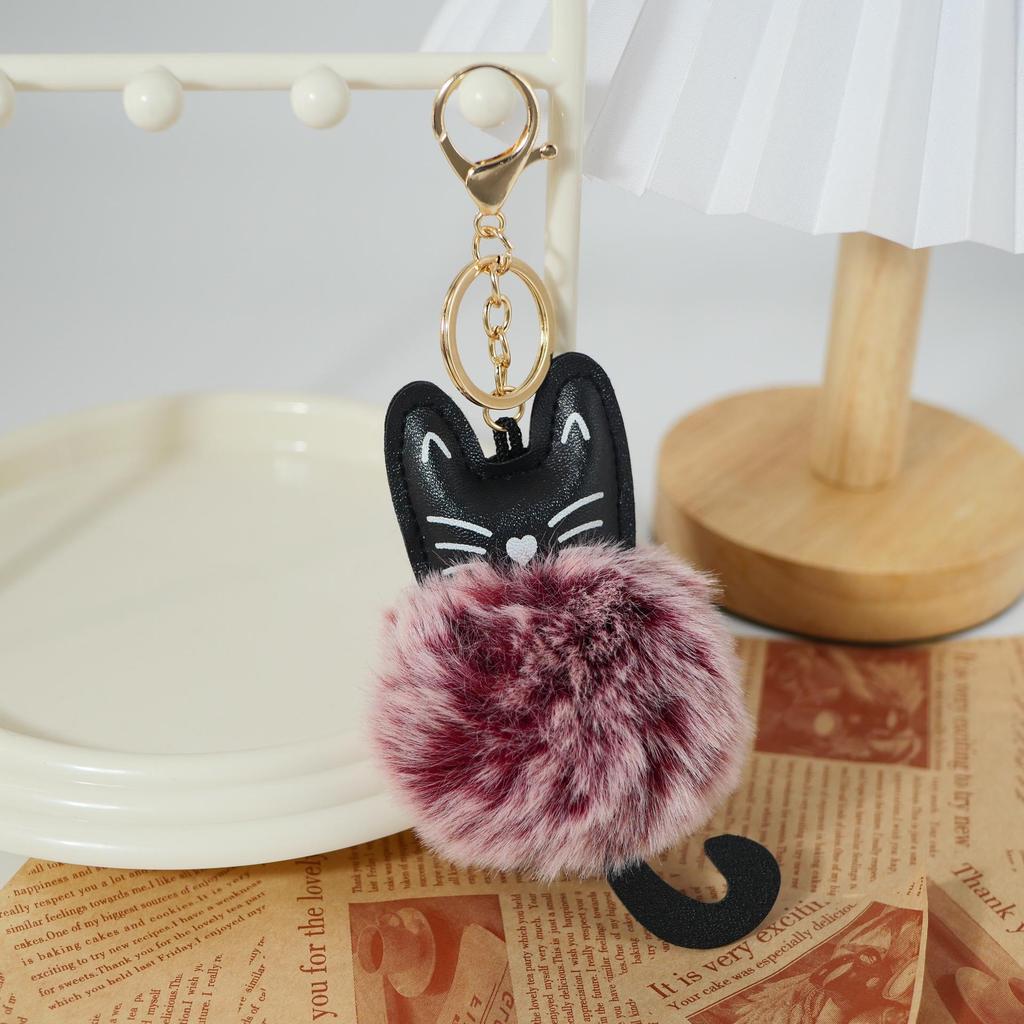 Adorable Black Cat Keychain with Faux Fur Ball Pendant