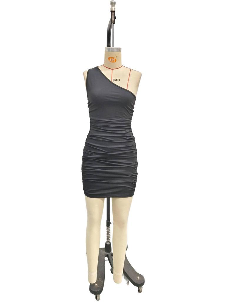 European and American style summer new sexy pump wrinkled waist slanted shoulder solid color hip wrap dress