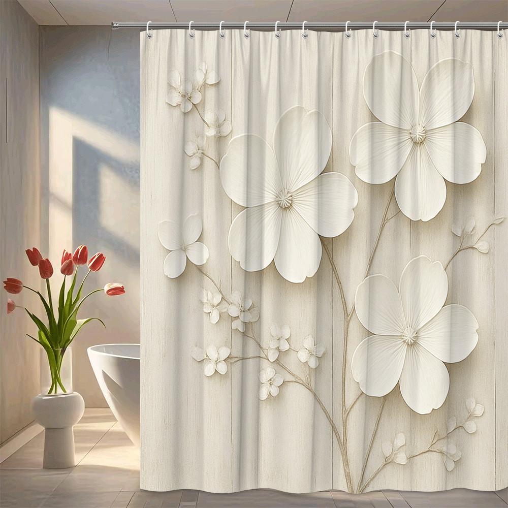 

White Floral 3D Shower Curtain Elegant Cherry Blossom Pattern On Wood Texture Background Waterproof Easy To Install Elevatespace W60H190(CM)-1 Pcs