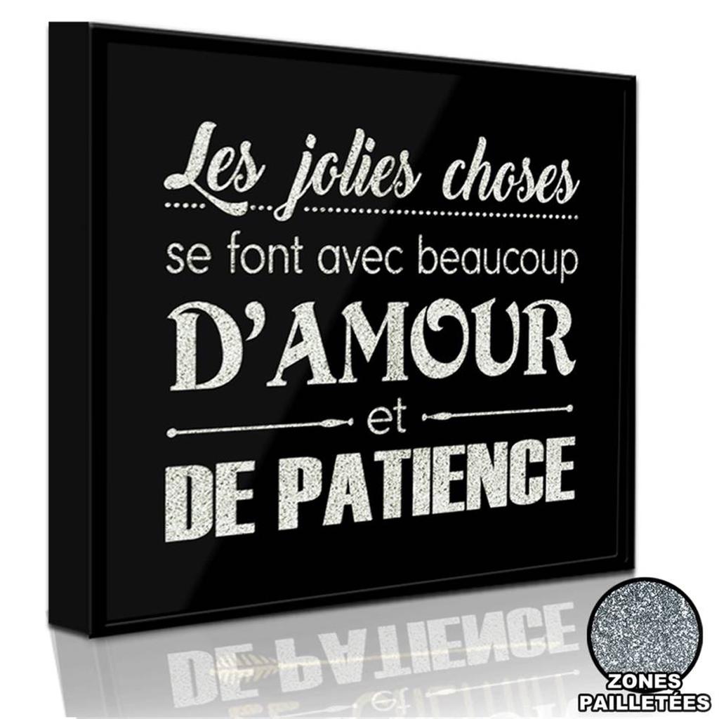 Les Trésors De Lily [Q5872] - Cadre paillette 'Messages' (Les jolies choses se font avec beaucoup d'Amour et de Patience ) noir argenté - 41x41 cm