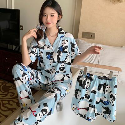 Spring and Summer Ladies Three-Piece Pajamas Homewear Girls Sweet Cartoon Panda Printing Students Homewear Fashion Pajamas