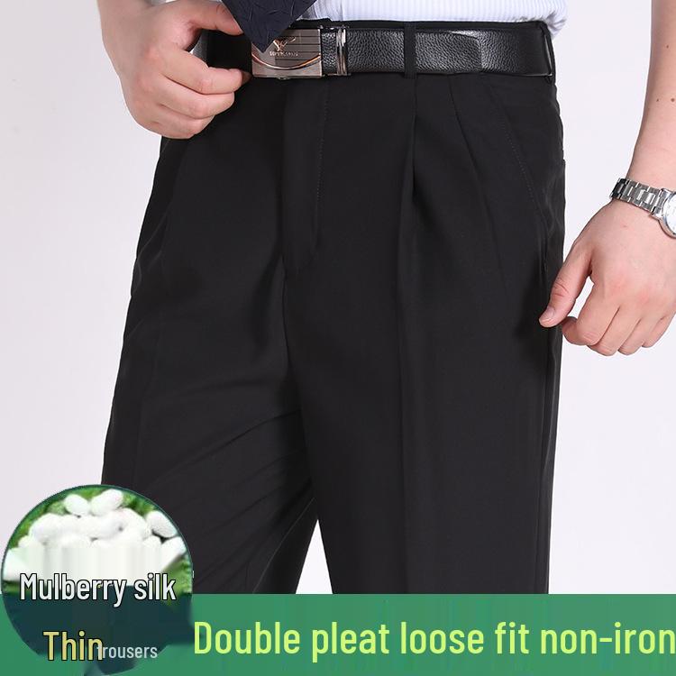 Men's Summer Mulberry Silk Dress Pants: Double Pleated, Loose Fit, Straight Leg, High Waist, Deep Crotch.