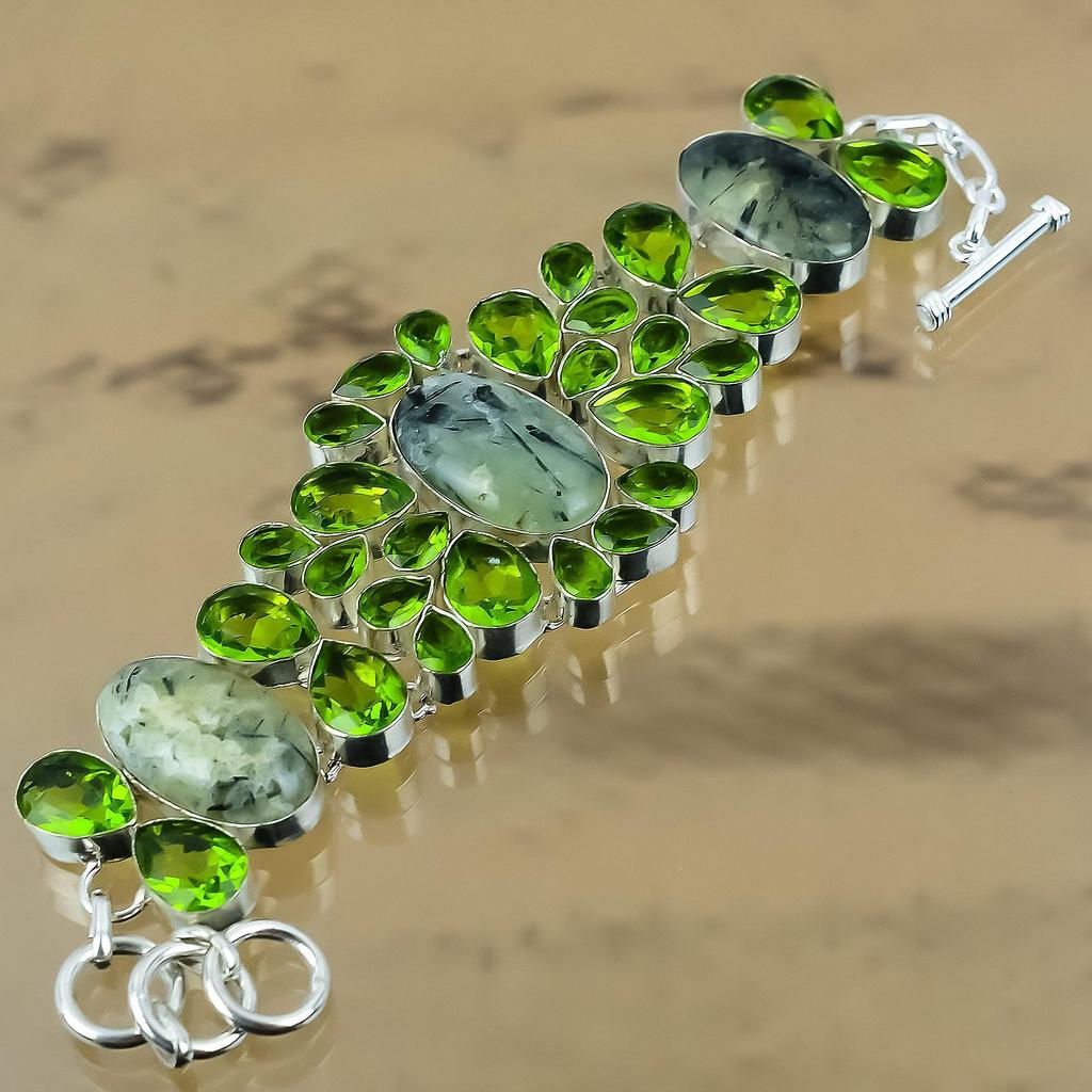 Oval Moss Prehnite Gemstone Peridot Sterling Silver New Chain Bracelet Jewelry
