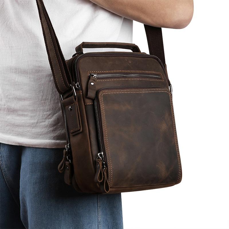 Men's Shoulder Leather Bag, Retro Crazy Horse Leather Messenger Bag, Casual Large-capacity Backpack, High-end Leather Men's Bag