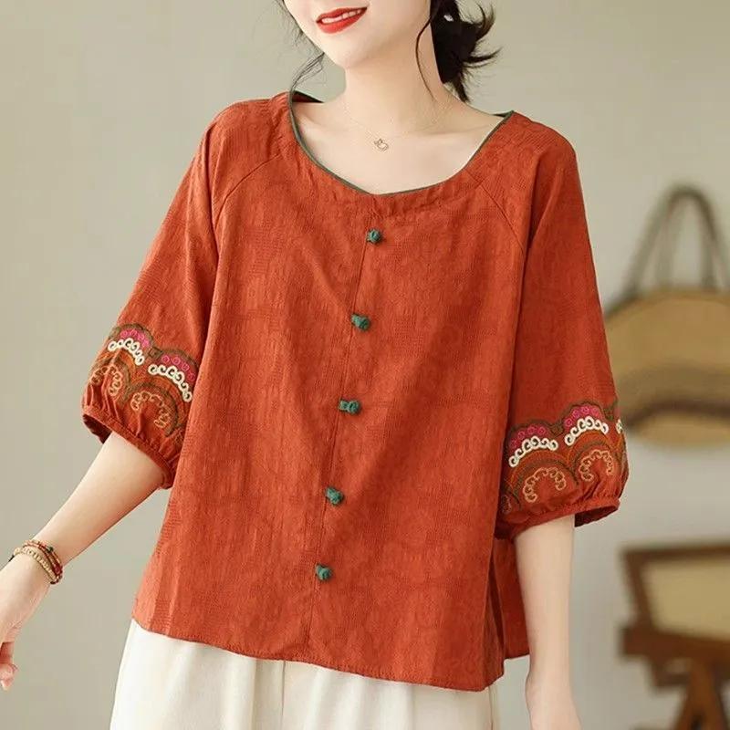 Vintage Cotton and Linen Shirt Chinese-style Round Neck Contrast Color Plate Button Mid-sleeve Top Summer Women's Clothing