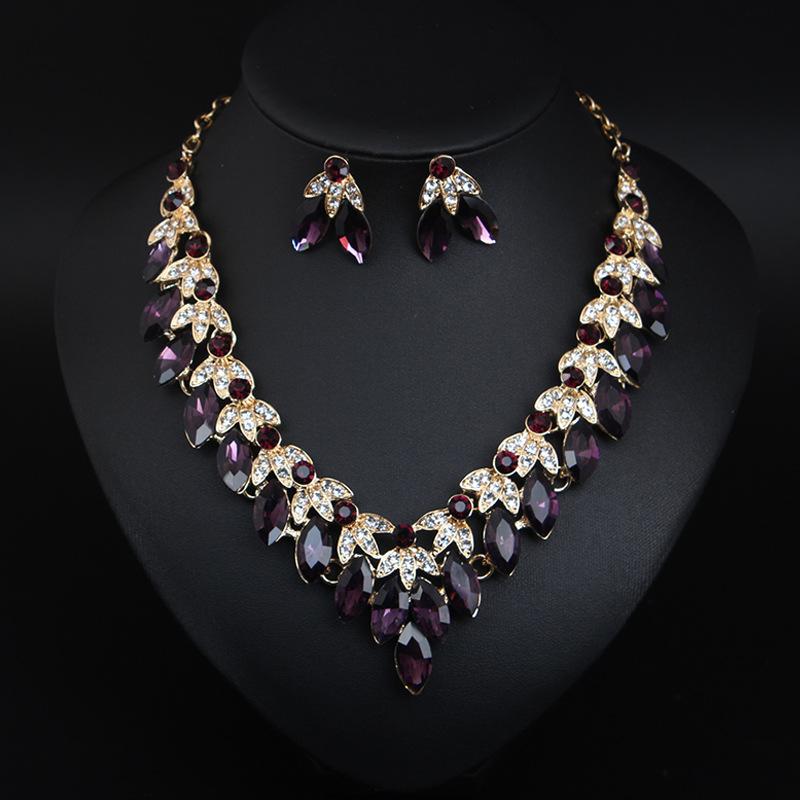 Shining Temperament Crystal Gemstone Necklace Earrings Set Dress Wedding Dinner Women'S Jewelry
