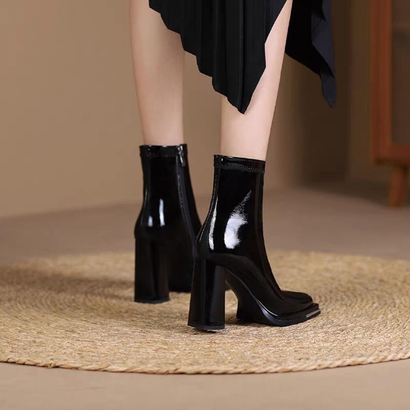 Fashion Luxury Women Boots Fashion Square Head Patent Leather Boots Side Zipper Ankle Boots for Women Suede Leather High Heel Boot Botas