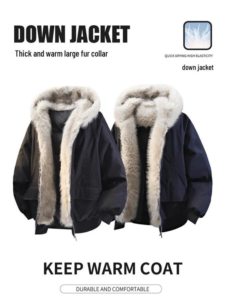 Jaqueta de Neve Masculina Retro com Capuz, Estampa Leopardo das Neves, Gola de Pelo Genuíno, 90% Penugem de Pato, Estilo Curto para Exterior.