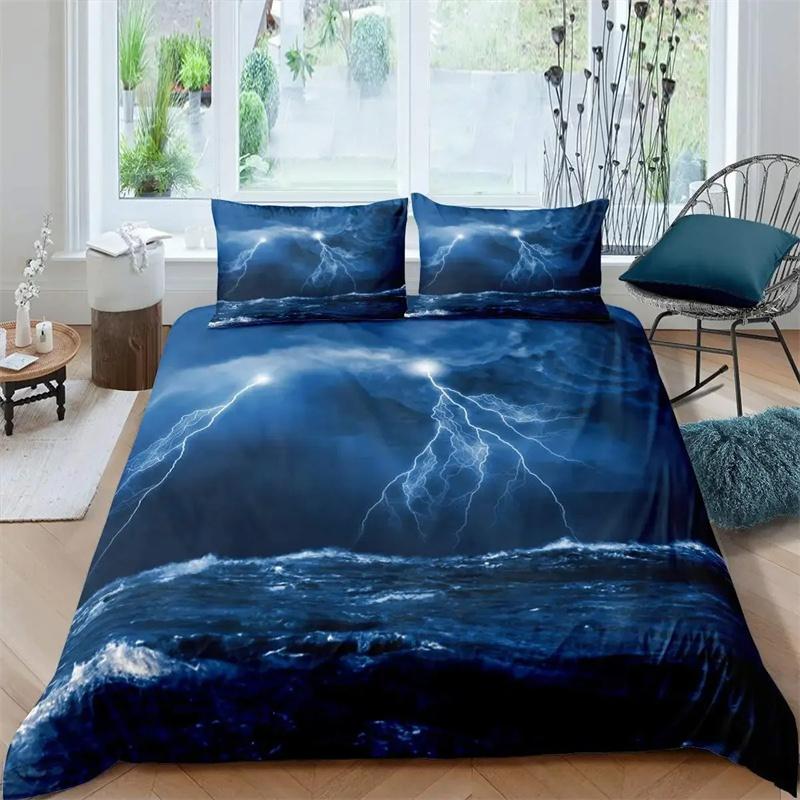 Lightning Duvet Cover Set Sea Wave Natural Disasters Sea Landscape Bedding Set Dark Clouds King Size Polyester Comforter Cover