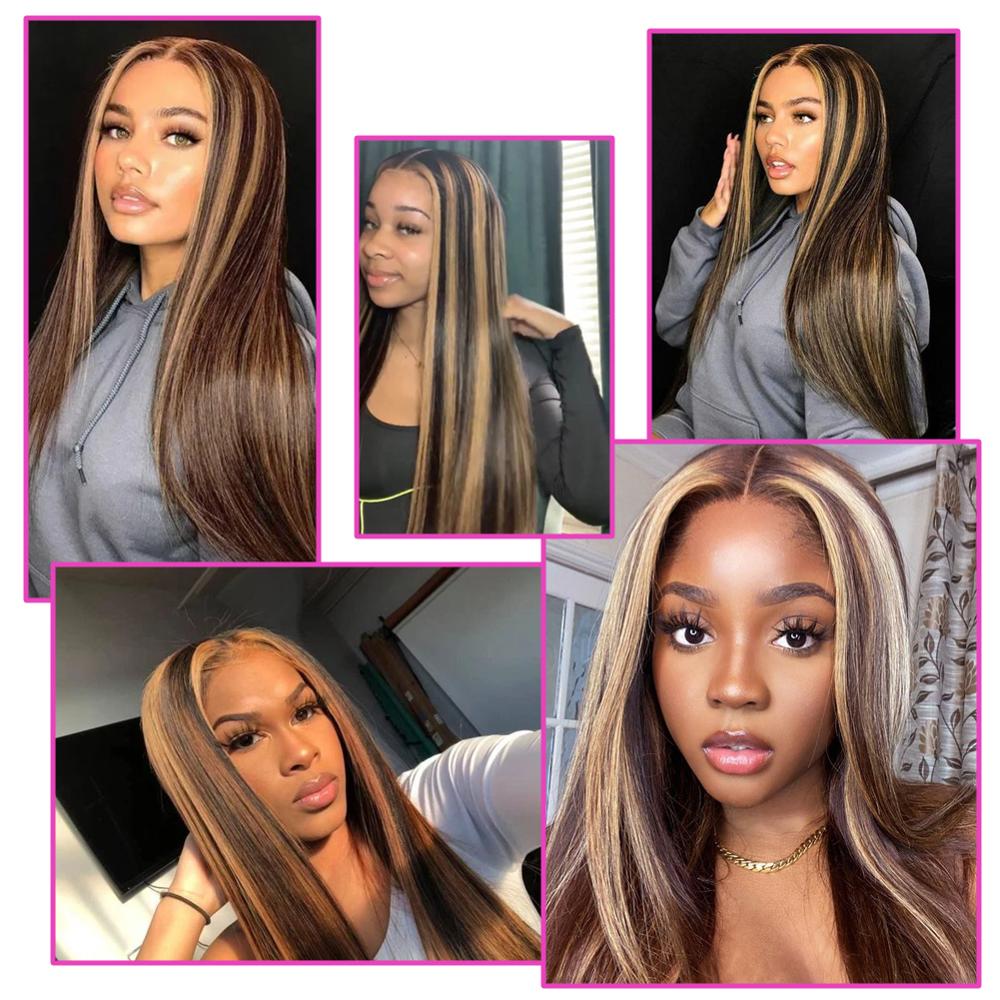 Lange gerade braune und goldene Perücke, synthetische Perücken für Frauen, natürlicher Mittelteil, Spitzenperücke, hitzebeständige Faser, natürlich aussehende Perücke
