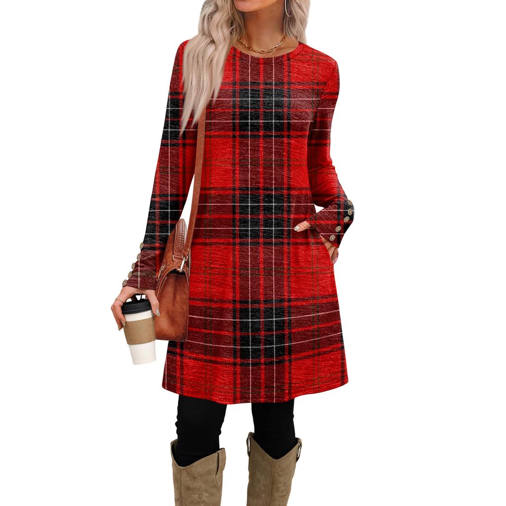 Damenmode Freizeitkleid mit Taschen, dekorativen Knöpfen, Rundhalsausschnitt und langen Ärmeln