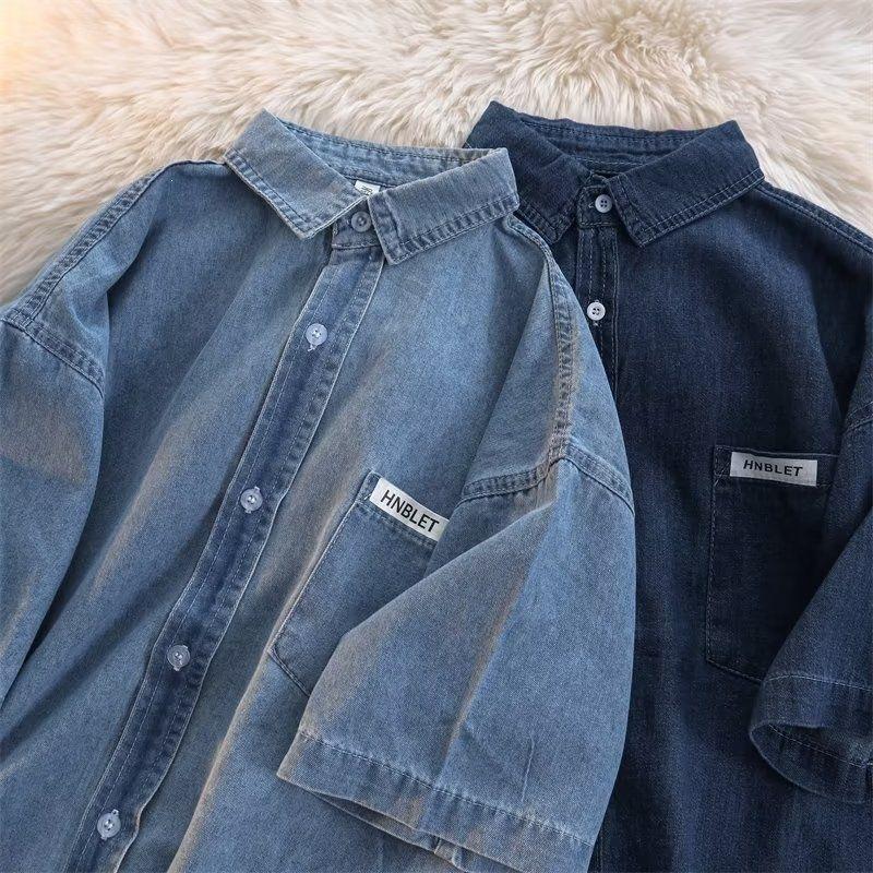 Summer short-sleeved denim shirt trendy solid color ruffian handsome Hong Kong style thin Japanese shirt casual jacket