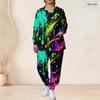 Women Plus Size Nurse Scrub Set V Neck Long Sleeve Colorful Splash Print Two Piece Outfit With Pockets