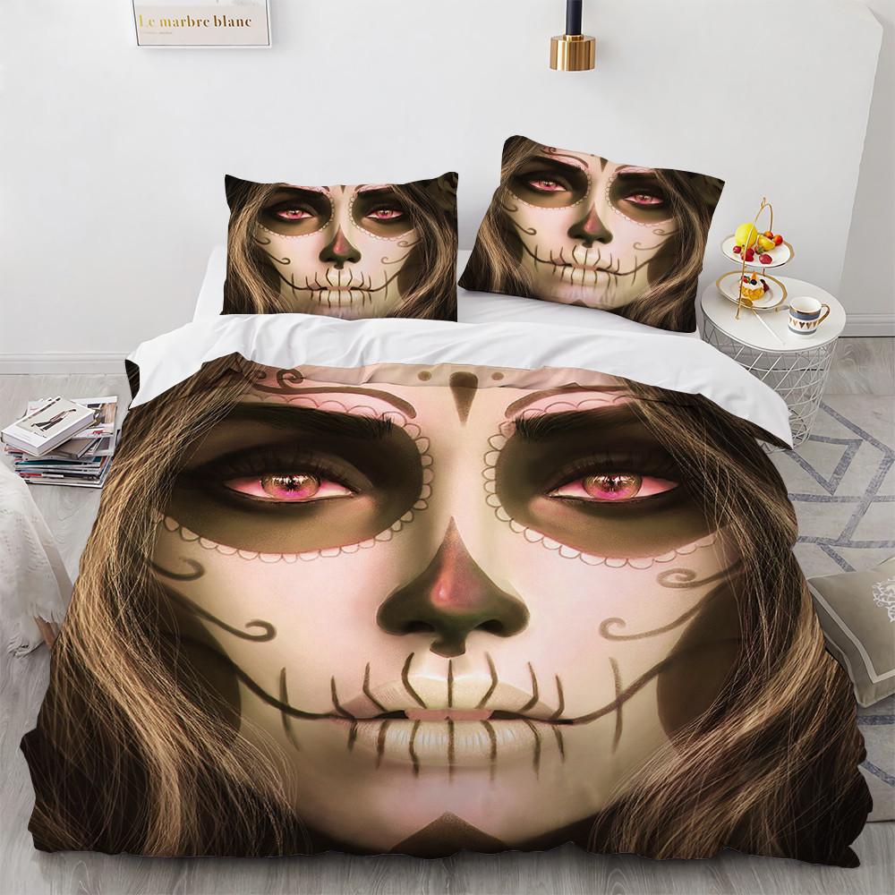 Beauty Skull Comforter Bedding Sets Made In China Western Style Duvet Cover Set Halloween Quilt Bedding Woman Rose Skulls 2/3pc
