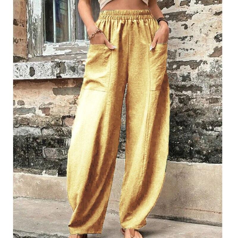 Casual Solid Color Elastic Waist Straight Pants With Pockets For Women Summer  Fashion Loose Ladies Trousers Pantalon