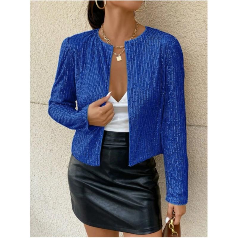 Women's Long Sleeve Round Neck Cardigan Jacket Solid Color Sequins Casual Top