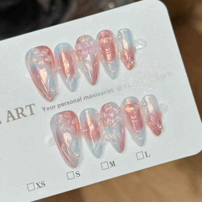 10Pcs Handmade Pink Blue Gradient Fake Nails with 3D Flower  Pearl Accents XS