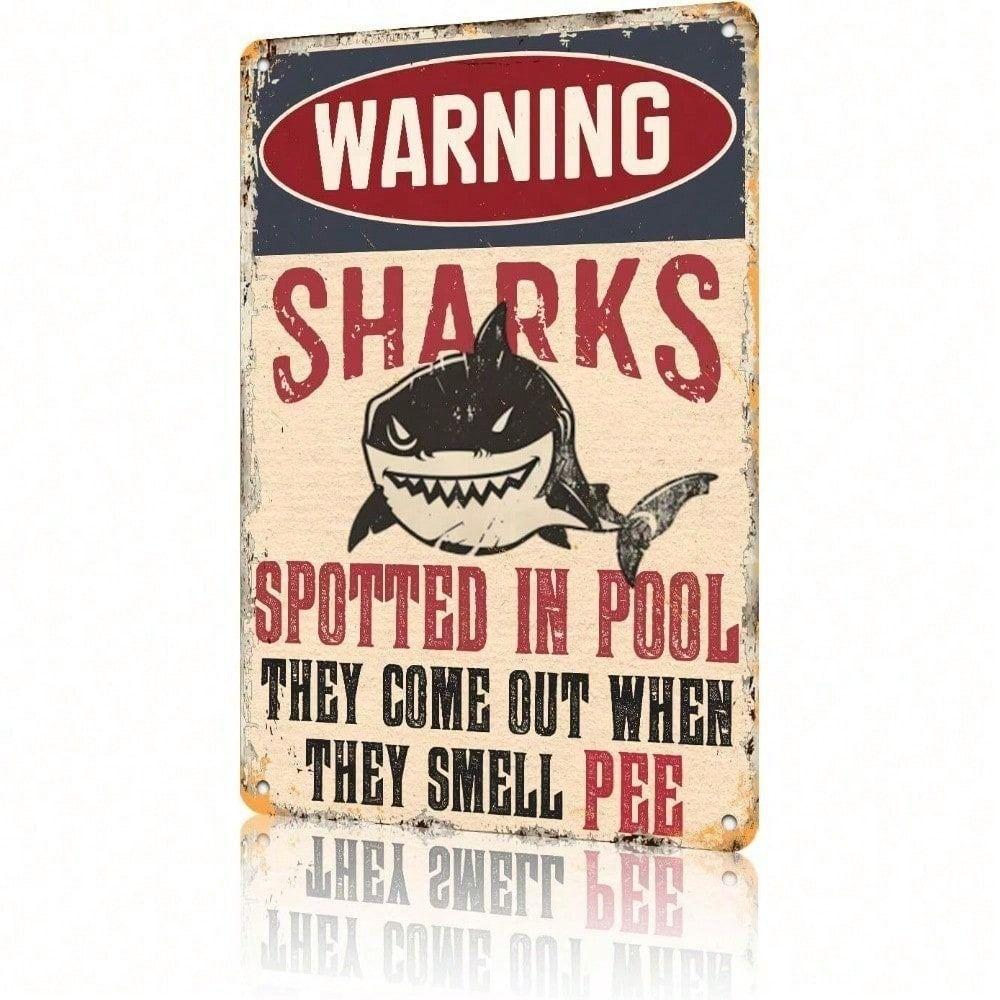 

Predatory Shark Warning Metal Tin Sign, Humorous Wall Decor for Garage Bar