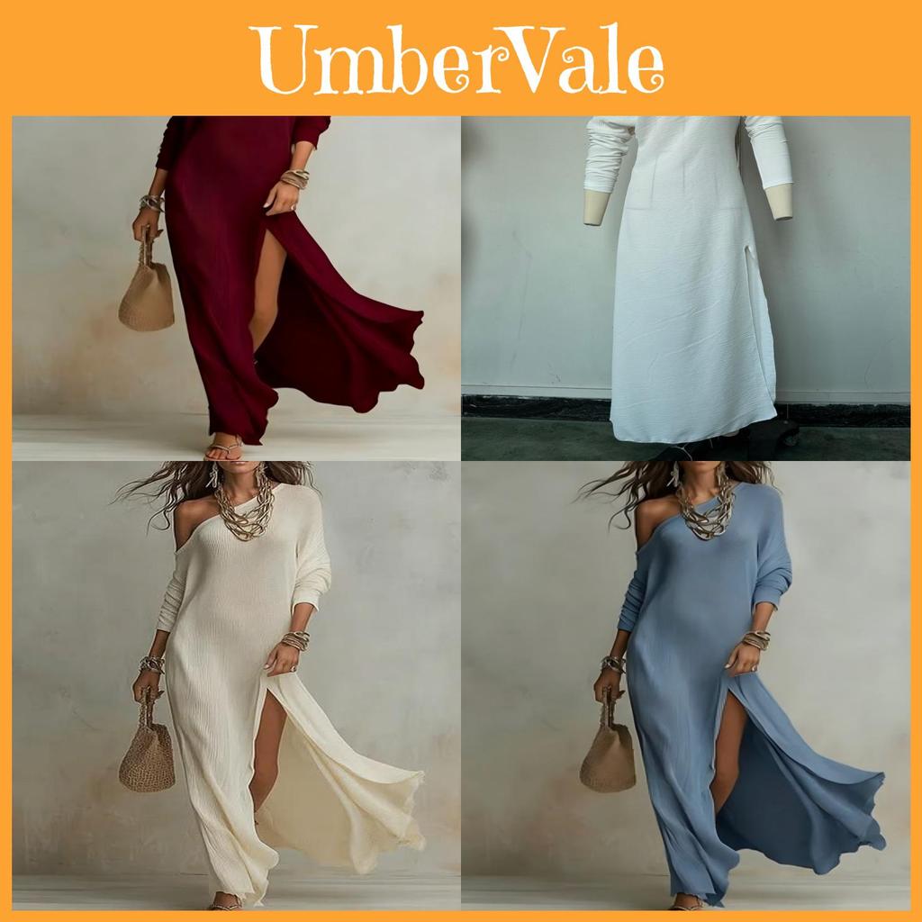 Elegant Long Sleeve Pleated Dress With Slit For Casual And Business Wear