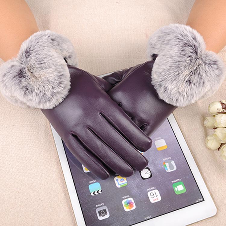 Damenmode Plüsch Winter Warme PU-Lederhandschuhe Pelz-Touchscreen-Handschuhe