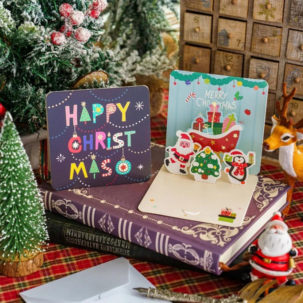 Merry Christmas Fold Small Greeting Cards with Envelopes Xmas Postcard Navidad New Year 2025 DIY Gift Card Decoration Noel