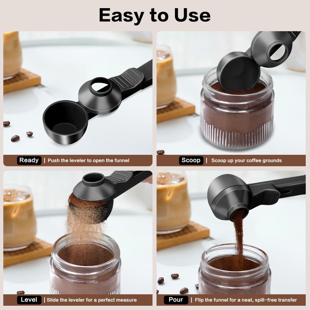Coffee Scoop and Funnel - Heavy-duty Metal Construction, 2-tablespoon Coffee Measuring Scoop with Non-slip Design for Leak-free, Precise Measuring