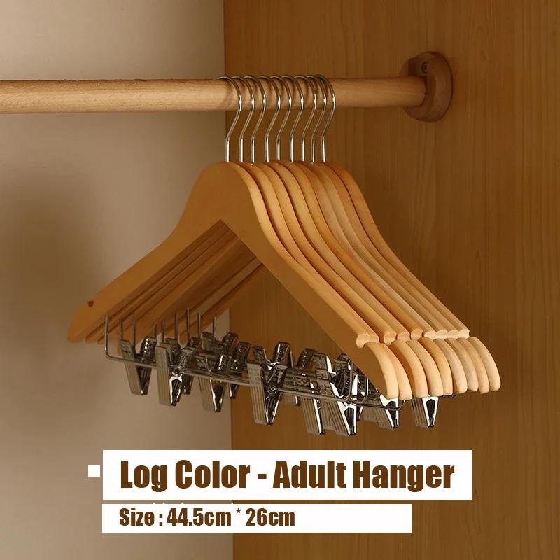 5pcs Wooden Hangers with Adjustable Clips,Solid Wood Pants Organizer for Blouse Dress Jacket,Natural Smooth Non-slip Skirts Rack