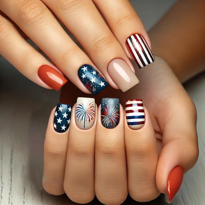 24Pcs Independence Day Fake Nails Medium Square Press on Nails Star Patriotic False Nails with Red Blue White Stripes Designs Gloss Glue on Nails A10