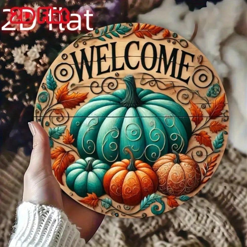 Round Aluminum Pumpkin Fall Sign, 2D Flat Welcome Plaque, Rustic Autumn Wall Art, Weather Resistant Metal Decor for Home