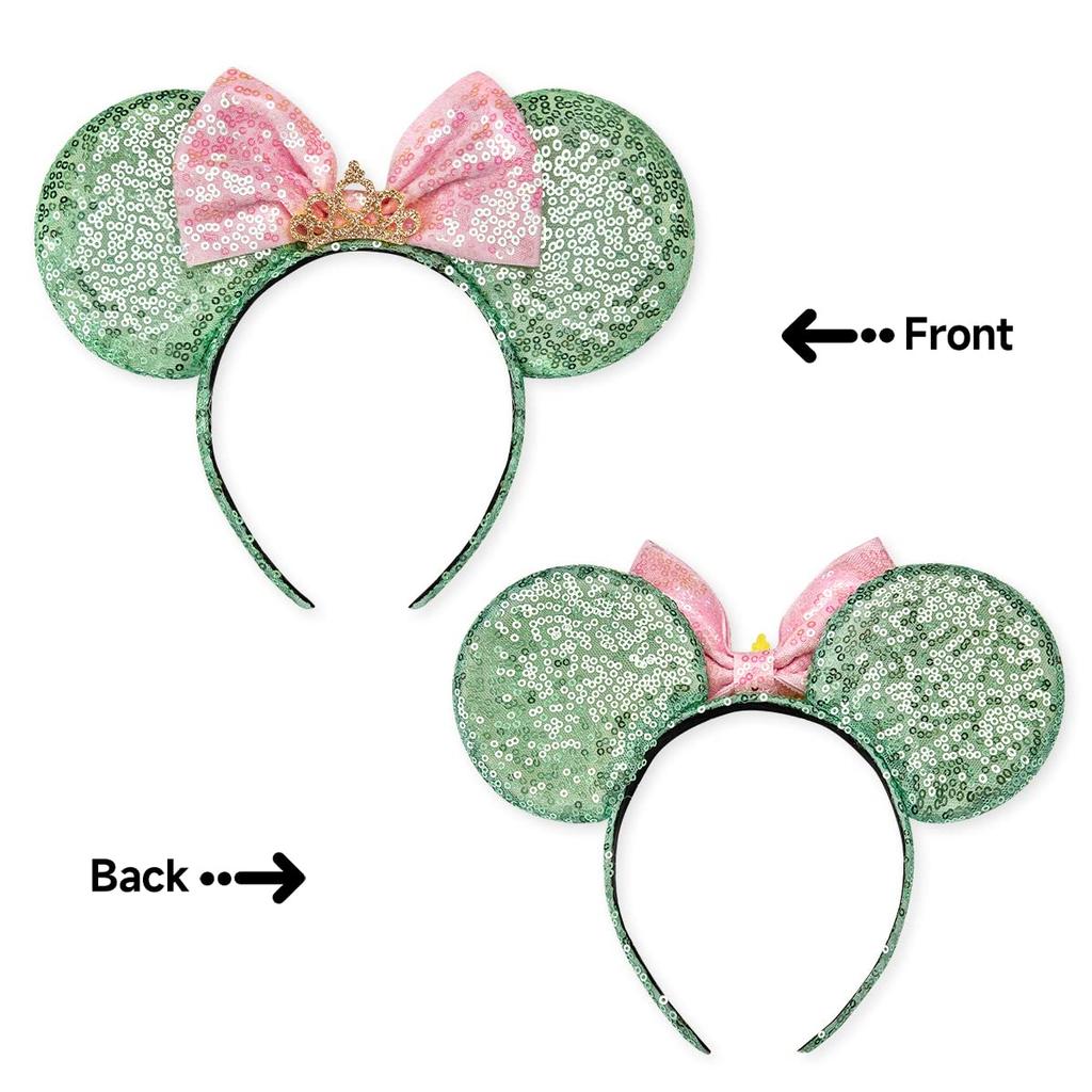 RAZKO Mouse Ear Headband, Sequined Green Mouse Ear Hairband, Animal Ear Headband for Women and Girls, Hair Accessories (Green Crown, Size L)