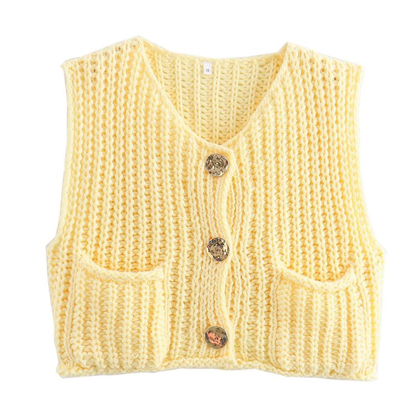 Winter New Women's Clothing Vest Simple Pocket Sleeveless Short Knitted Vest Cardigan Top