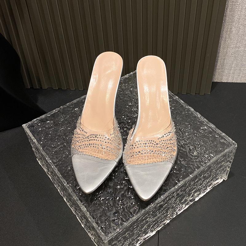 Fashion Transparent High Heel Sandals Women's Slides Korean Style Rubber Sole Fashionable Diamond Detailing Outdoor Wear