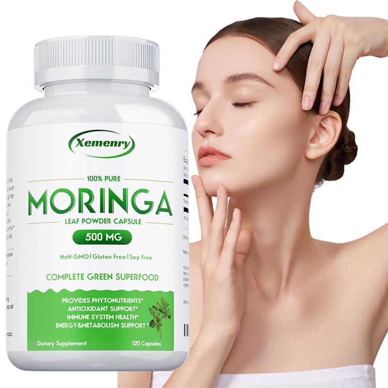 Xemenry Moringa Powder Capsules support energy, skin, and gut health. Suitable for adults, vegan.
