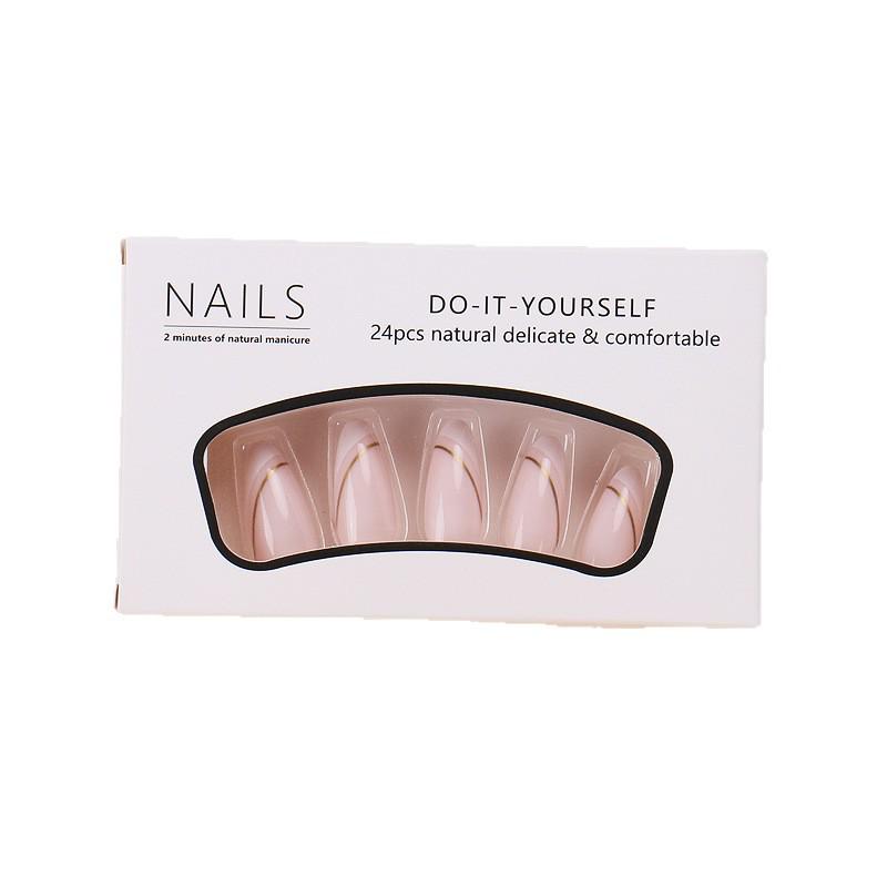 Gold Line Medium Long Luxury Manicure Nail Tips Set - 24 Pieces False Nails